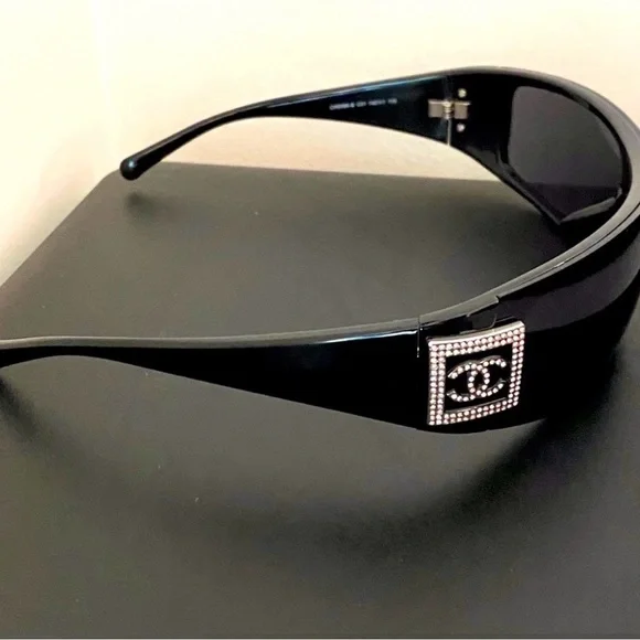 Vintage Chanel Black Rhinestones Shield Sunglasses Shield lens has been replaced - Picture 1 of 5